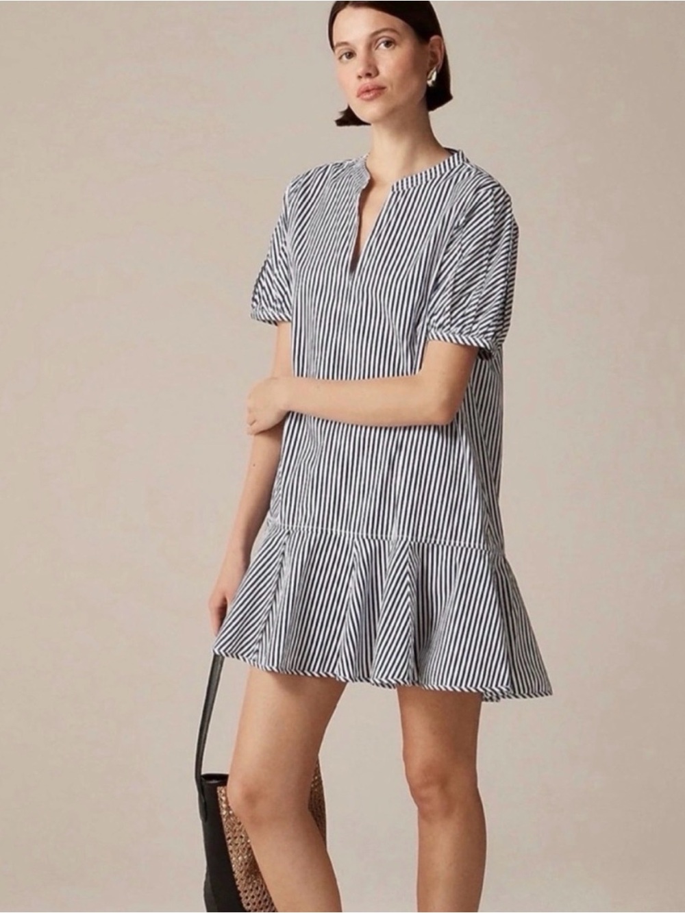 J. Crew Navy & White Striped Short Sleeve Ruffle-Hem Dress